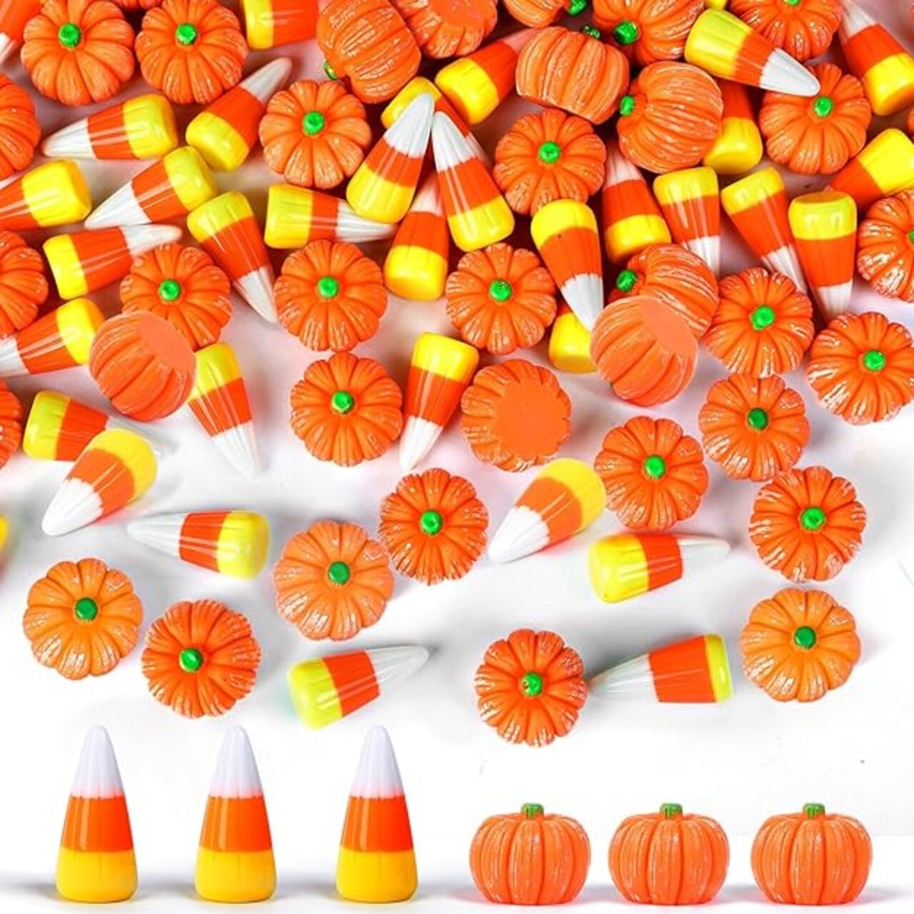 Halloween Resin Charms – 80 Pcs Mini Fake Pumpkins & Candy Corn, Small Ornaments for Halloween Decorations, DIY Crafts & Party Decor